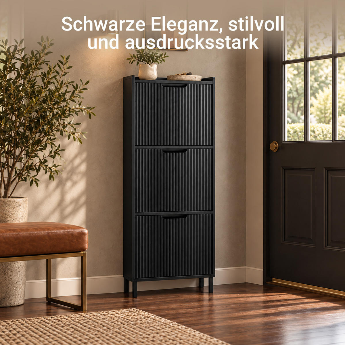 COMODĂ de intrare cu trei sertare, design modern - negru, compozit lemnos/metal (50/130/19cm) - SoBuy