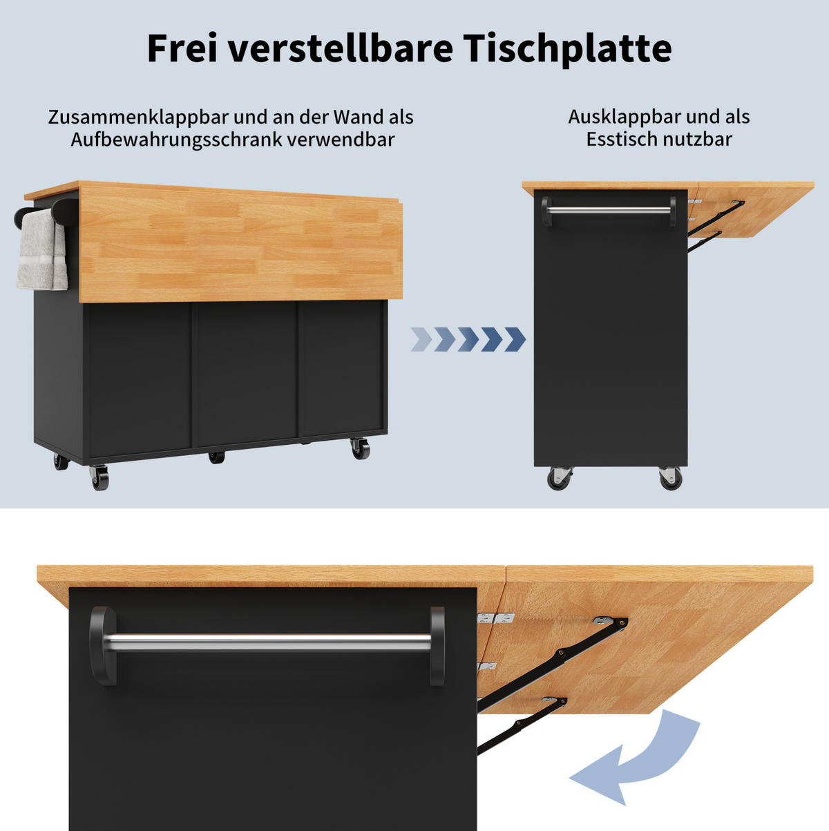 KÜCHENINSEL 122/74,5/91,5 cm in Schwarz mit Klapptisch und 8 Schubladen - Schwarz, Holzwerkstoff (122/91.5/74.5cm) - Flora Grace