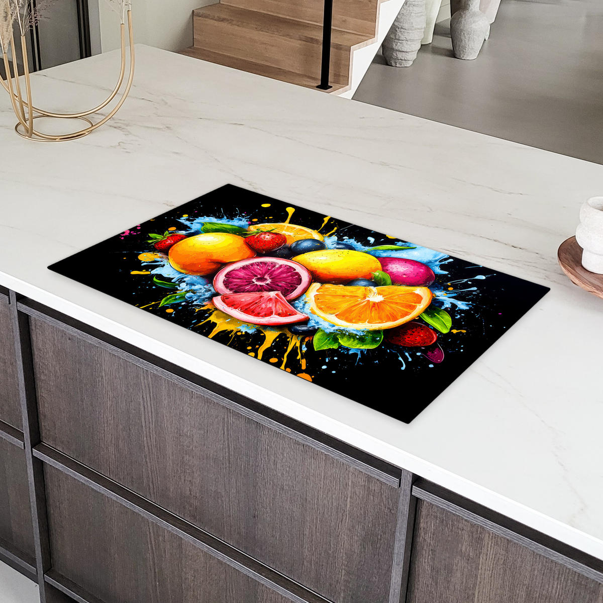 HERDABDECKPLATTE Obst - Graffiti - Bunt - Orange - Erdbeere - Abstrakt 89x51 cm - Orange, Kunststoff (89.6/0.2/51.6cm) - MuchoWow