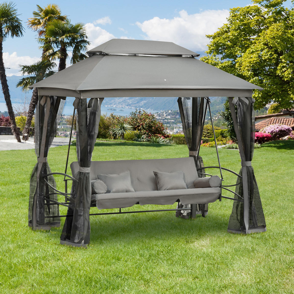 HOLLYWOODSCHAUKEL DE-06976 3-Sitzer, mit Seitenwänden & Moskitonetz, Liegefunktion Grau - Dunkelgrau, Metall (256/248/172cm) - ComfortXL