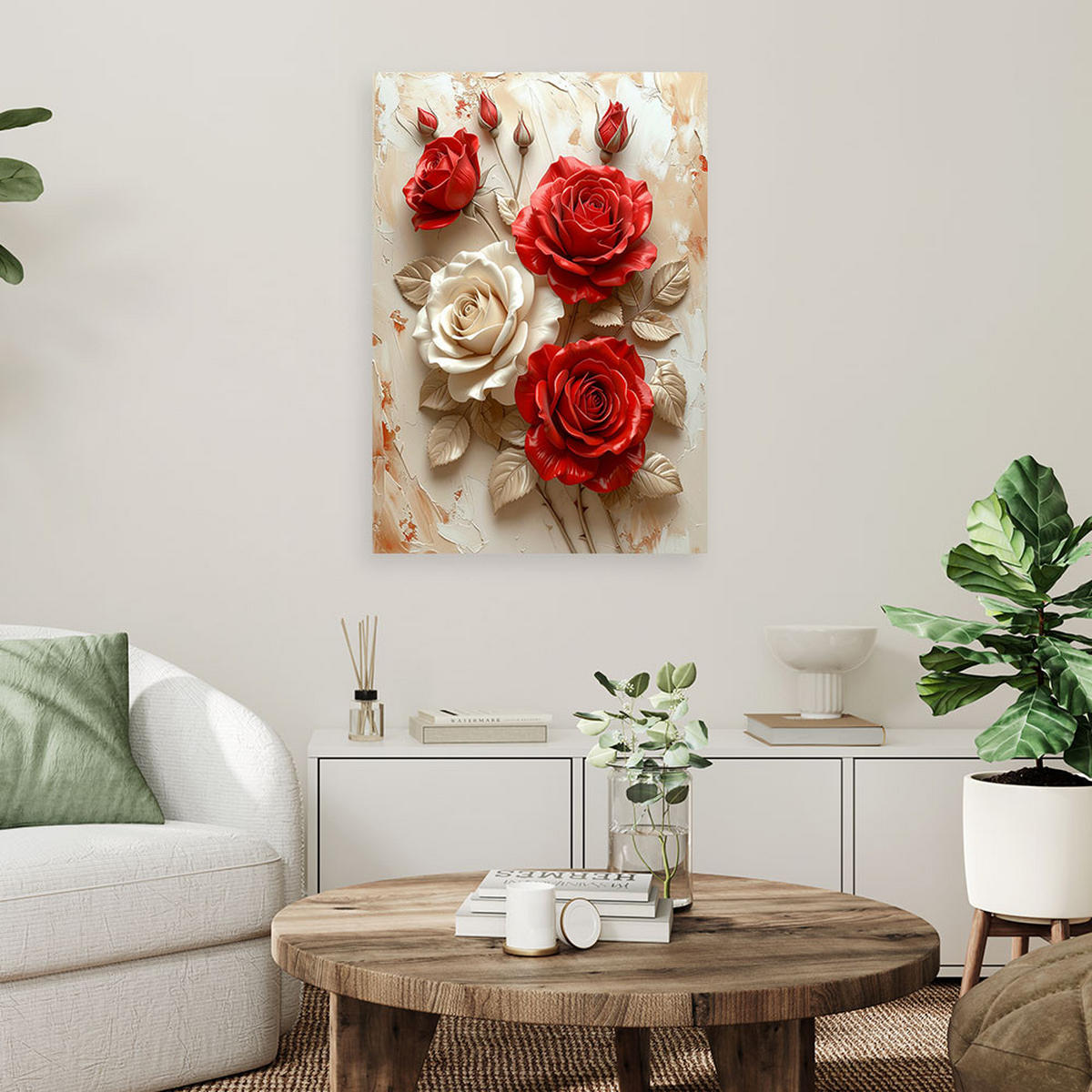WANDBILD, Rote und cremefarbene Rosen in einem eleganten Blumenarrangement - Beige, Textil (20/30cm) - Feeby