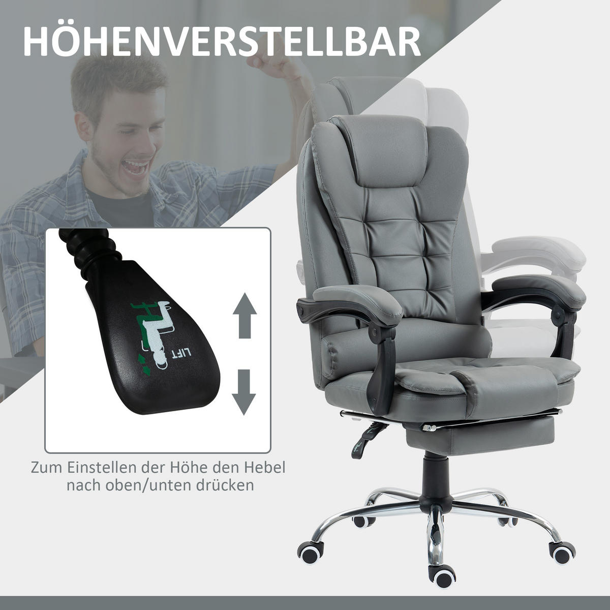CHEFSESSEL Bürostuhl mit Fußstütze, Schreibtischstuhl mit Neigefunktion Grau - Grau, Kunststoff (69/117/64.5cm) - HOMCOM