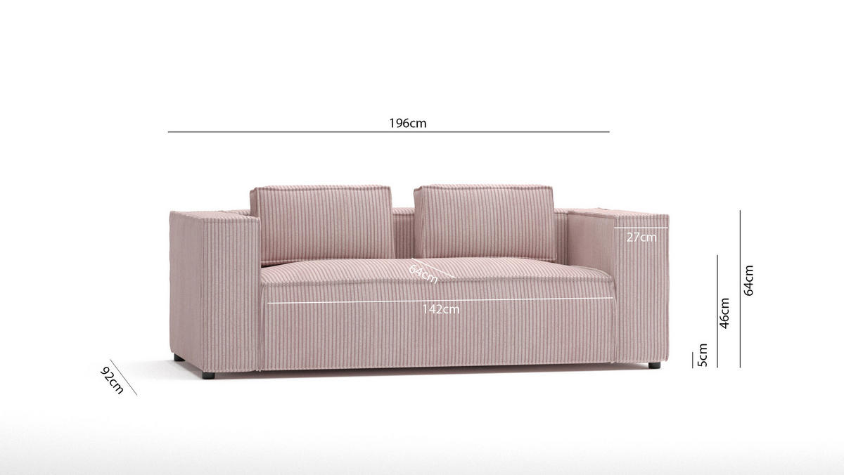 2-SITZER-SOFA Nova Puderrosa Cord - Pink/Schwarz, Holz/Kunststoff (196/64/92cm) - S-Style Möbel