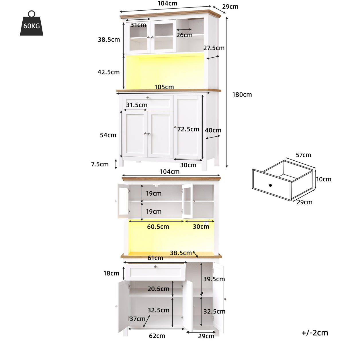 KÜCHENSCHRANK mit LED 104 x 40 x 180 cm MDF White - Weiß, Holzwerkstoff (40/180/104cm) - Meubliv