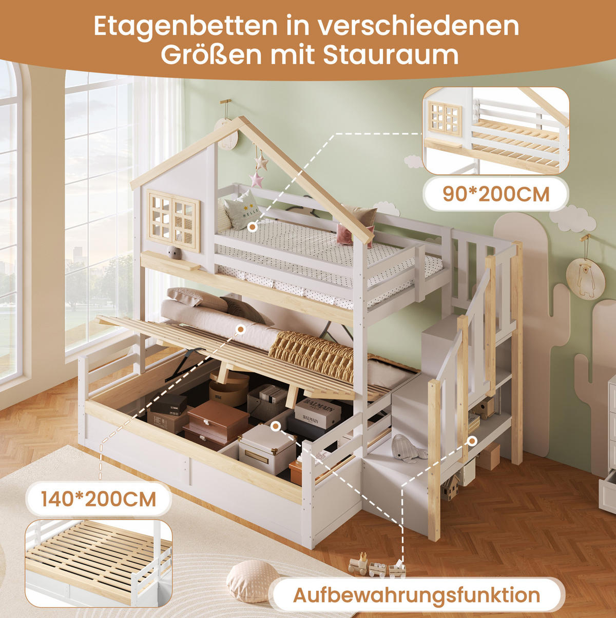 ETAGENBETT 90x200 und 140x200 cm in Weiß/Natur mit Hausdesign und hydraulischem Stauraum - Weiß, Holz (140/200cm) - IVMEU