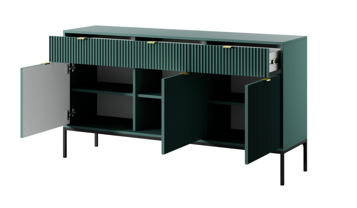 SIDEBOARD Eternas 3T 3S Grün 154/83/39 cm – schwarze Füße, mit geriffelten Fronten - Schwarz/Grün, Holzwerkstoff (154/83/39cm) - AX Living