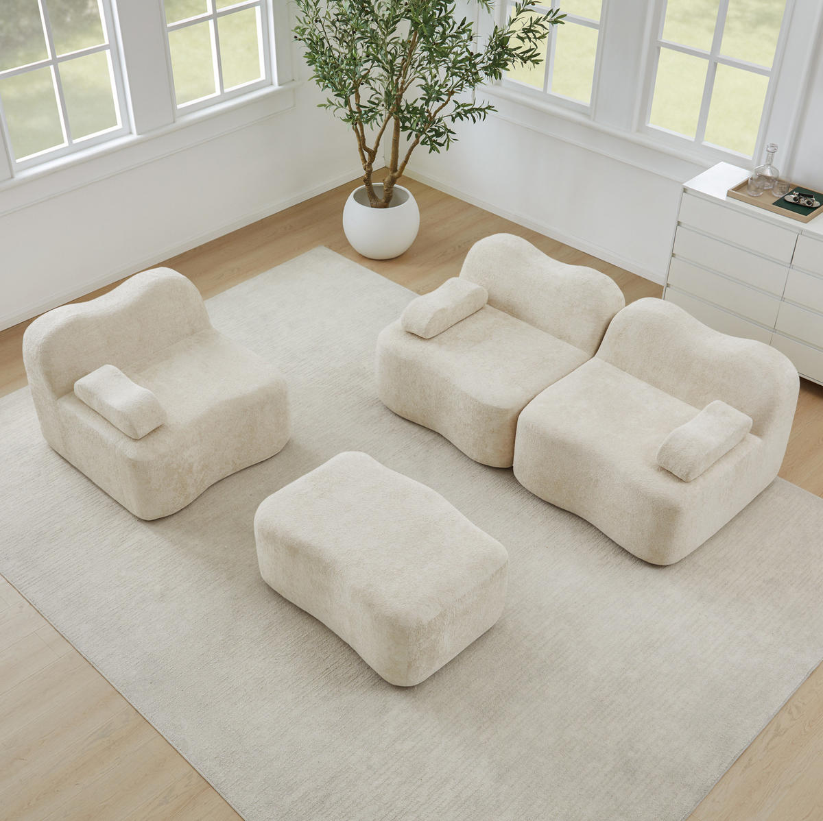 SOFA modular 2-4-Sitzer Samt Beige mit Hocker - Beige, Textil (167/288cm) - Meubliv