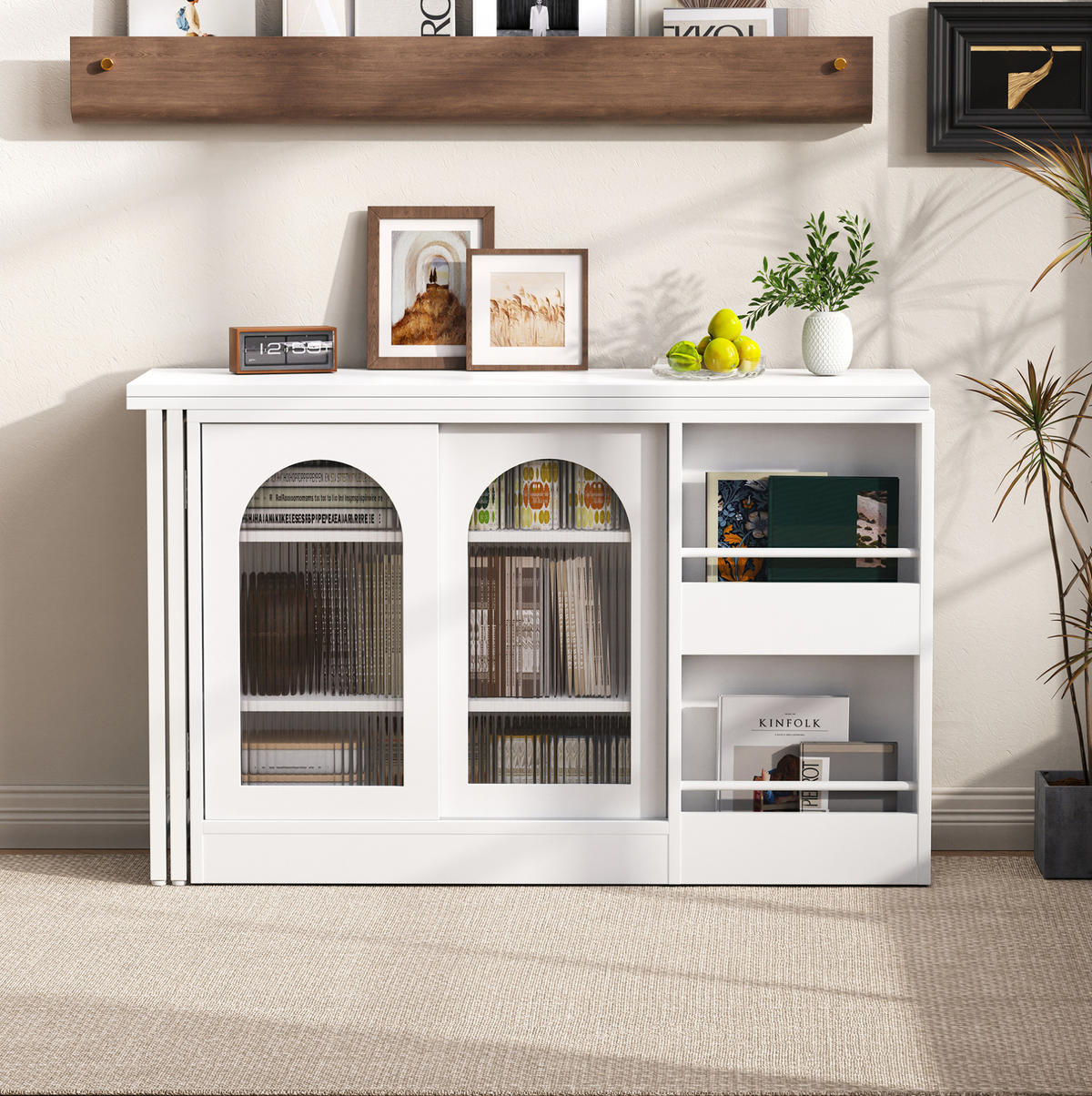BAROVÝ stůl 121,5/40/76,7 cm s otočnou deskou 360° a úložným prostorem, Bílá - bílá, kompozitní dřevo (121.5/40/76.7cm) - Redom