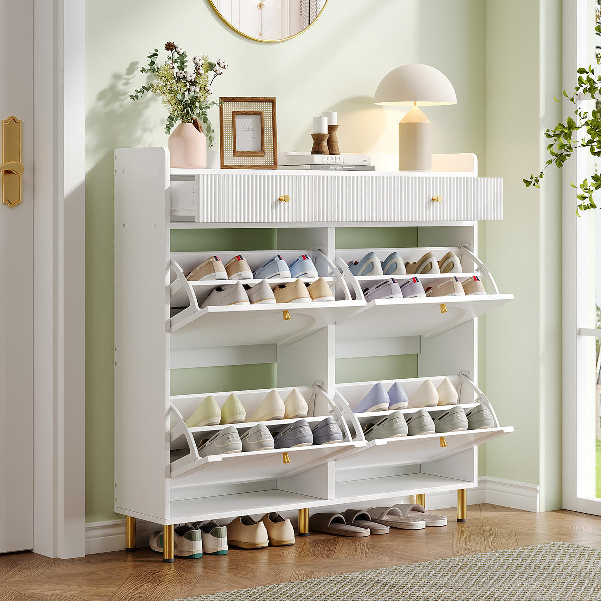 SCHUHSCHRANK schmal 4 Türen Weiß 106.5x25x105.5cm - Weiß, Holzwerkstoff (25/105.5/106.5cm) - FLIEKS