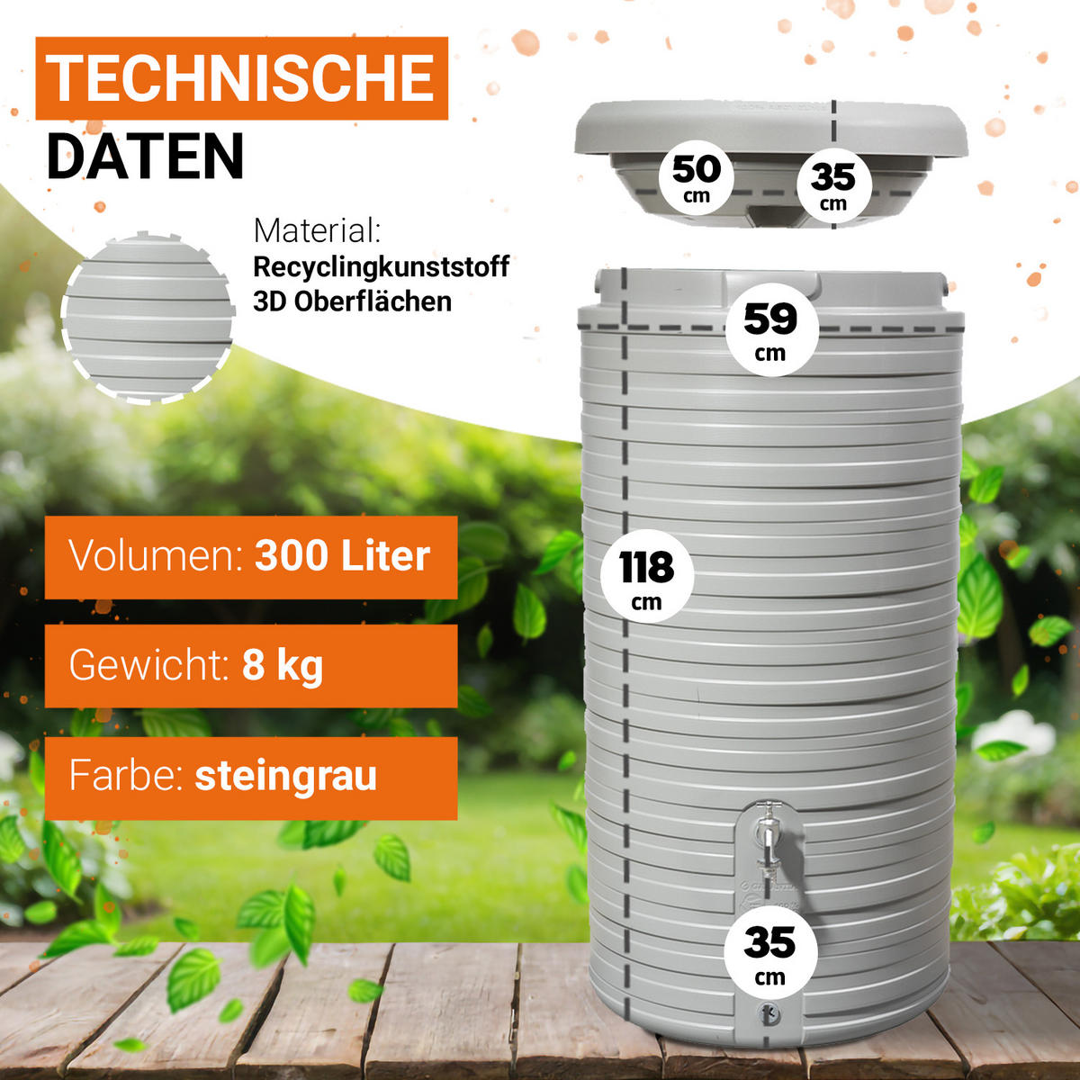 2IN1 Regenspeicher 300 L, steingrau inkl. Pflanzschale - Grau, Kunststoff (59/118/59cm) - GARANTIA