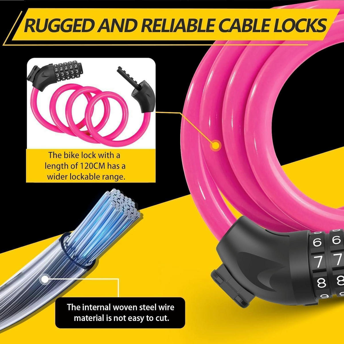 FAHRRADSCHLOSS mit Zahlencode 12 mm / 120 cm Rosa - Pink, Metall (12/3.8/120cm)