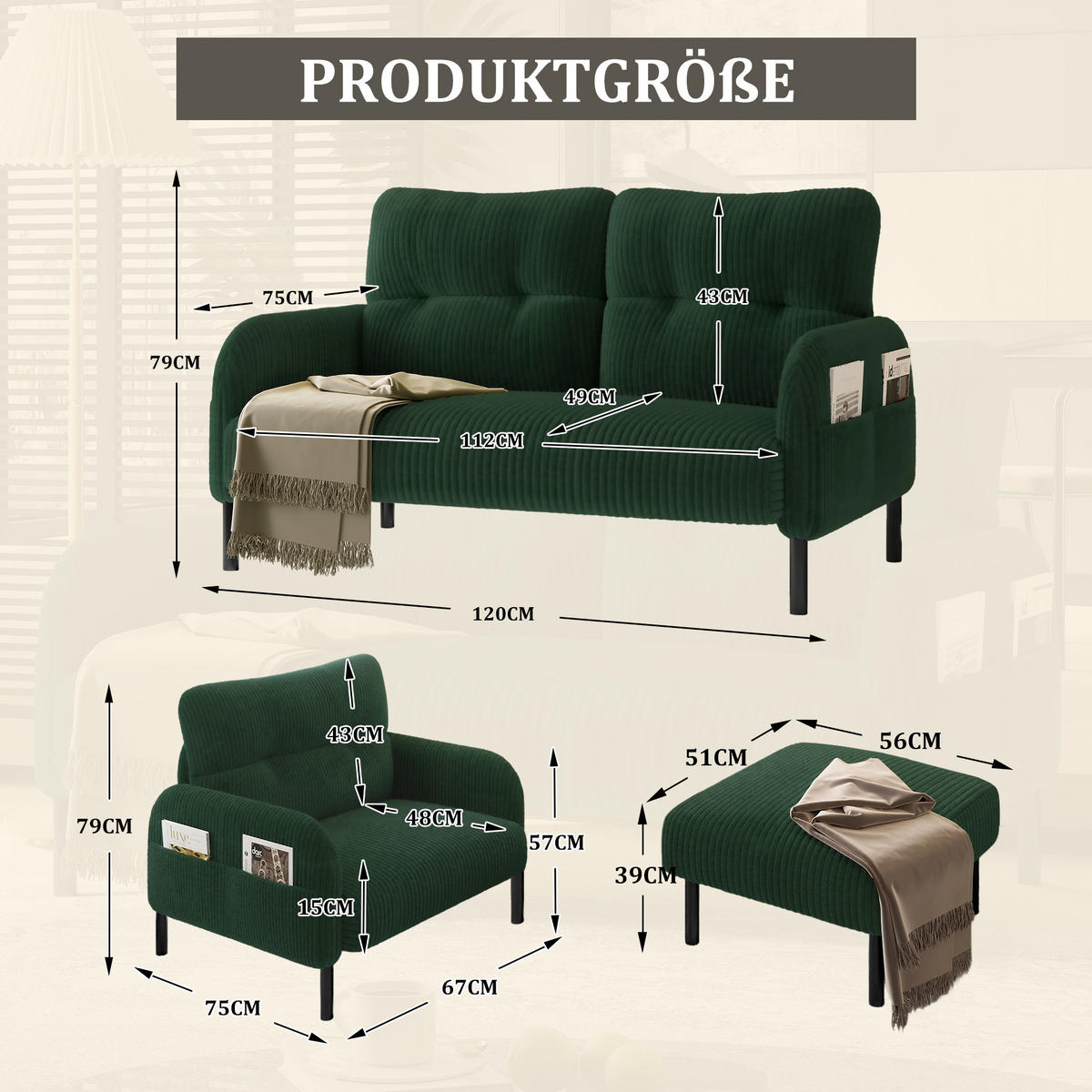 SOFA Set, 2-Sitzer+Sessel+Hocker, Cord, Grün - Schwarz/Grün, Textil/Metall (120/79/75cm) - LVHOM
