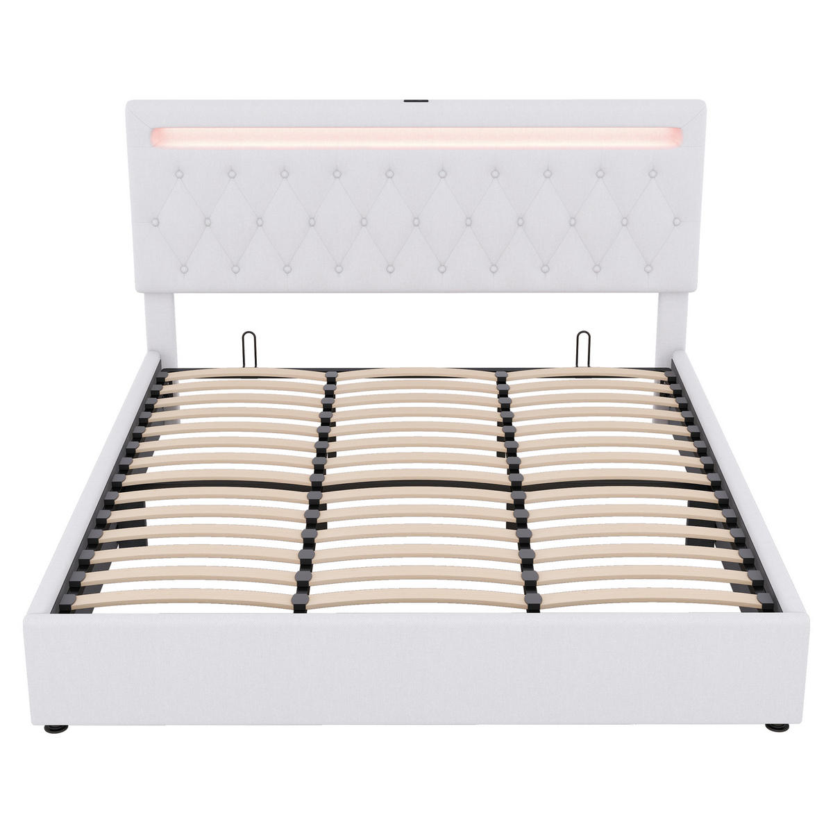 POLSTERBETT 180/200 cm Weiß hydraulisches Bett mit LED-Beleuchtung und USB-Anschluss Ohne Matratze - Weiß, Textil (180/200cm) - OKWISH