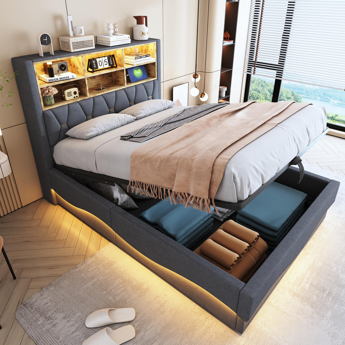 POLSTERBETT aus Leinen, Metall und Holzwerkstoffen 140x200 cm Grau mit LED-Beleuchtung, USB und Stauraum - Grau, Metall (140/200cm) - IVMEU