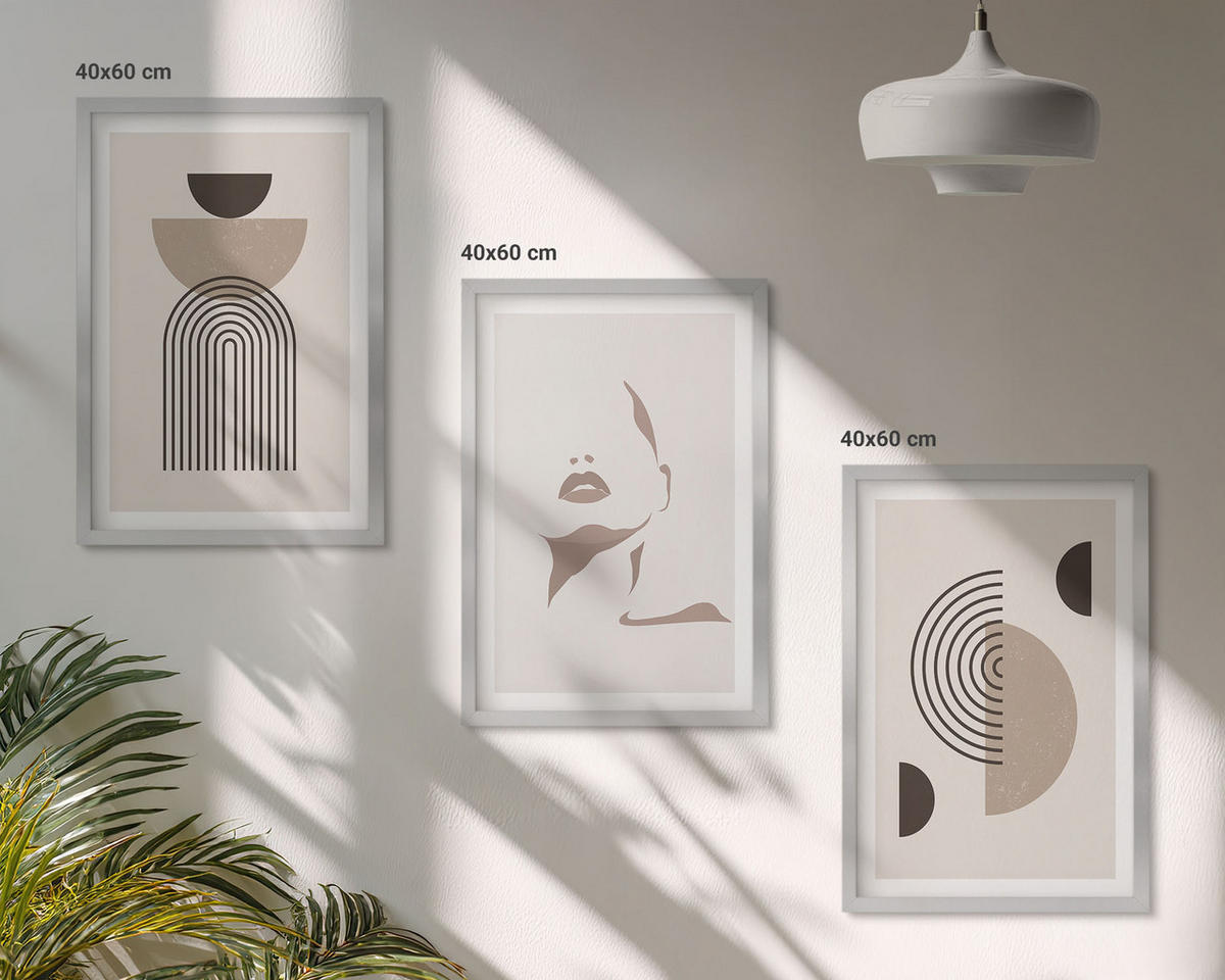 BILDER SET 3er Set - 40x60 cm Silberner Rahmen - Abstrakte Formen und Gesicht - Silberfarben, Kunststoff (40/60cm) - TULUP