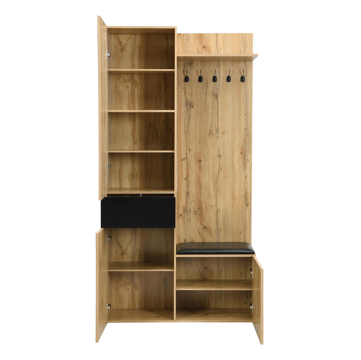 DIELENGARDEROBE mit Spiegel und Schuhablage 98,5/38/191 cm in Schwarz/Natur - Schwarz, Holzwerkstoff (98.5/191/38cm) - BEAOK