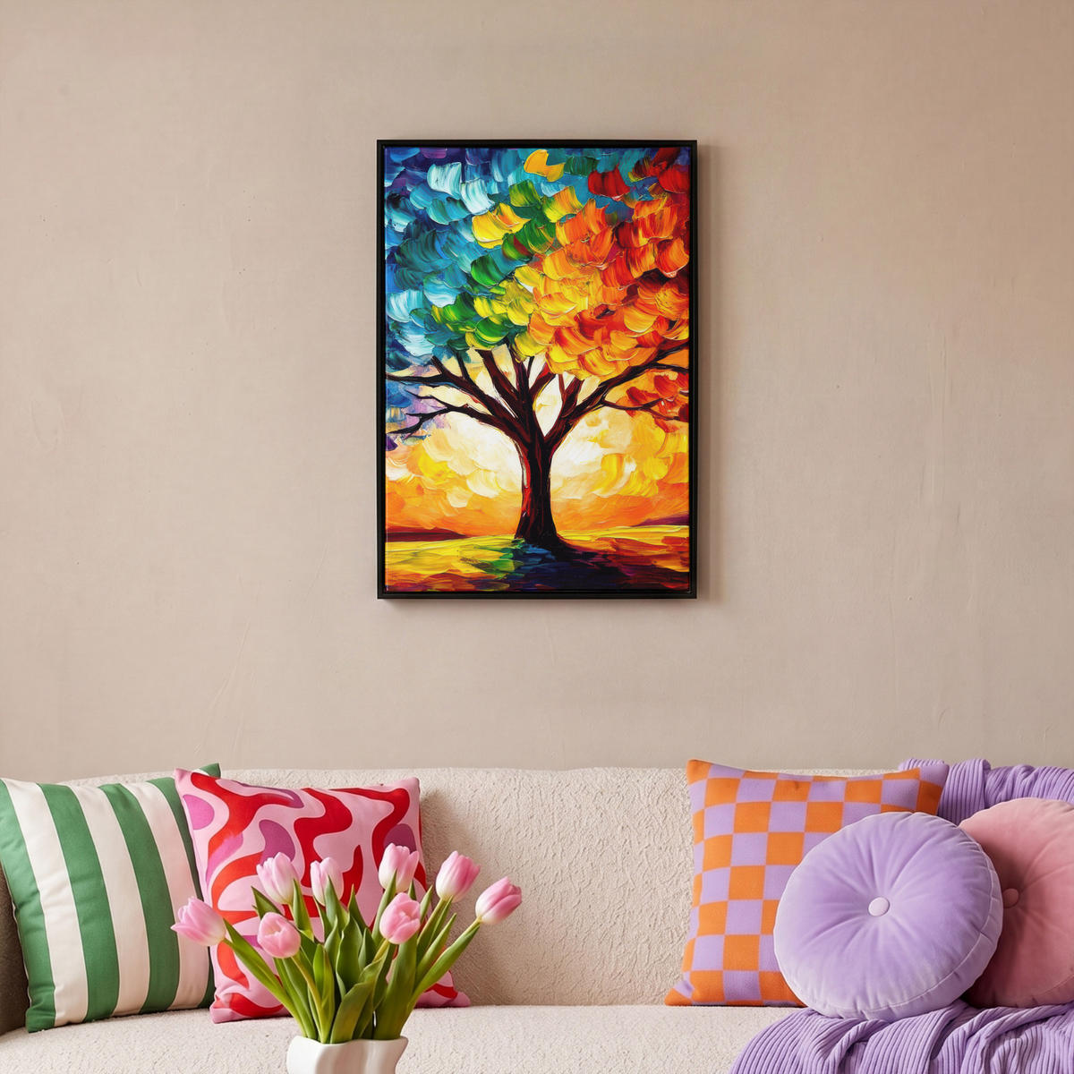 LEINWAND Bilder mit Rahmen - Baum - Kunst - Natur - Sonnenuntergang - 40x60 - Multicolor, Textil (40/60cm) - MuchoWow