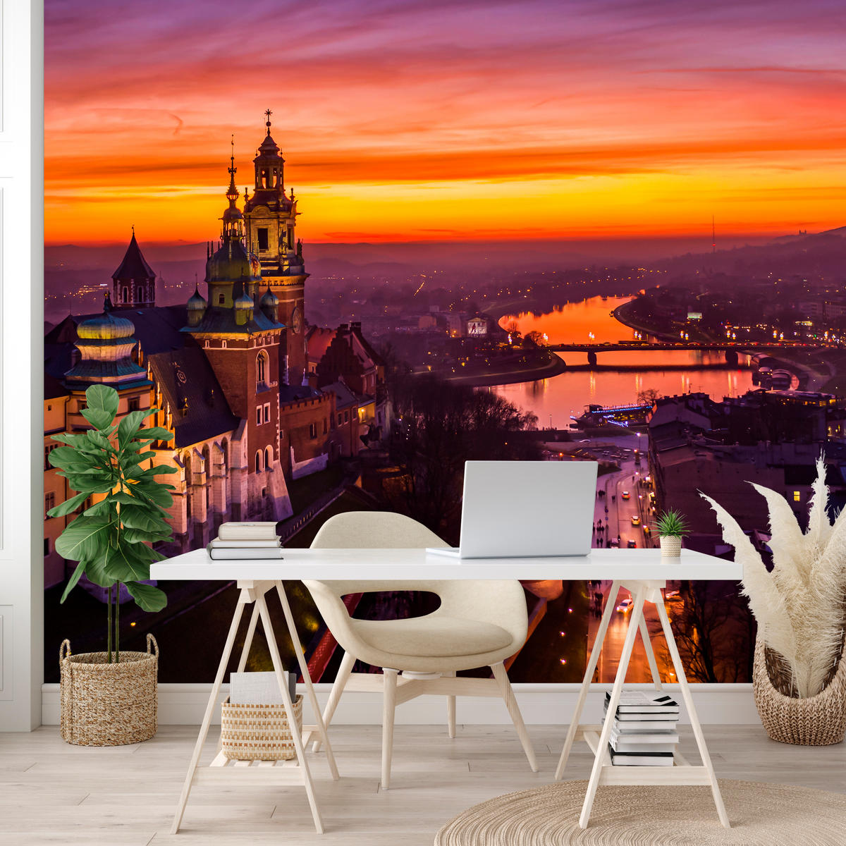 FOTOTAPETE für Wohnzimmer Sonnenuntergang Wawelburg Architektur Stadt 300x210 - Orange, Papier (300/210cm) - Muralo