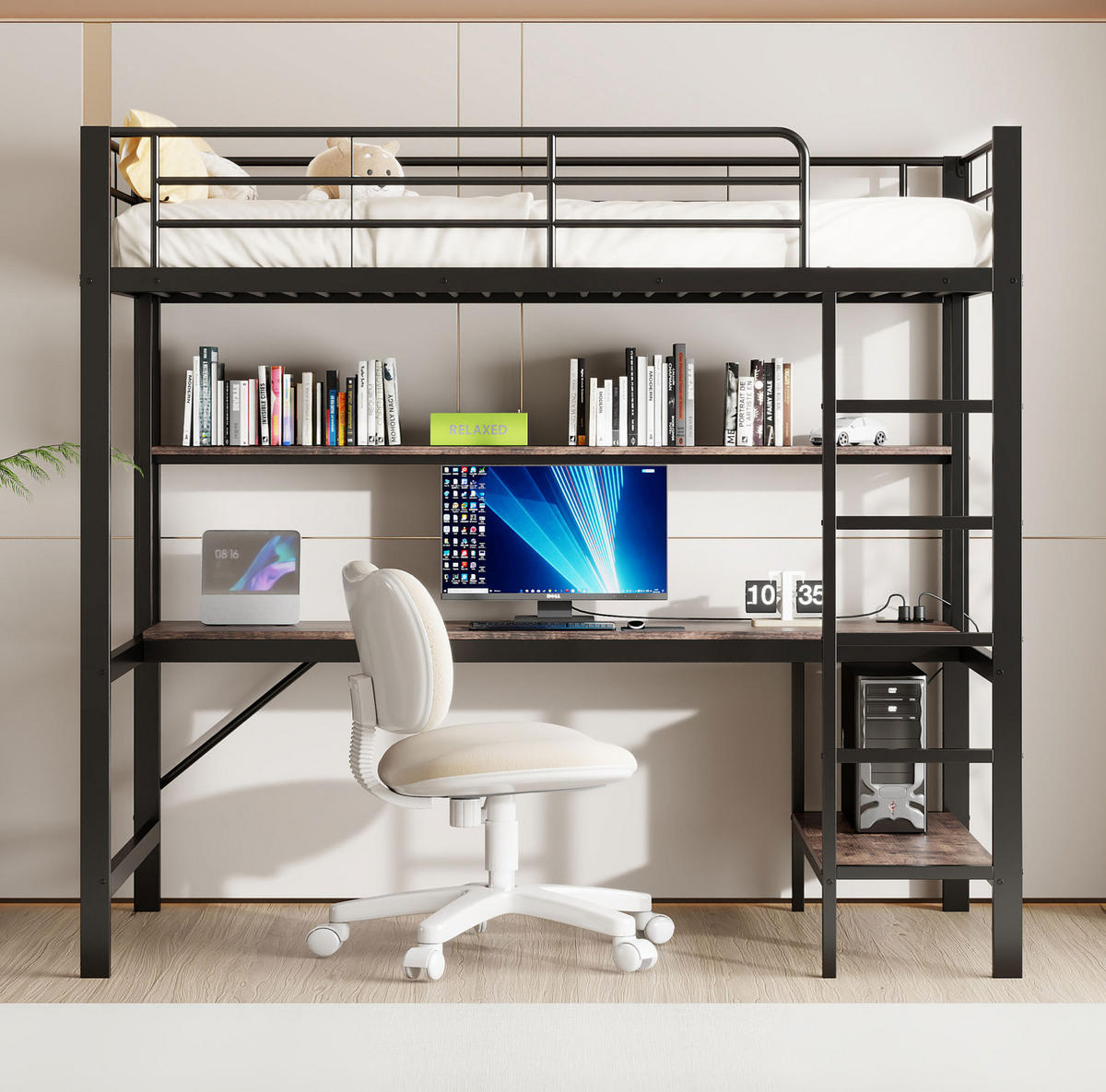 HOCHBETT mit Schreibtisch 90/200 cm in Schwarz – mit Regal, USB und LED - Schwarz, Metall (90/200cm) - BEAOK