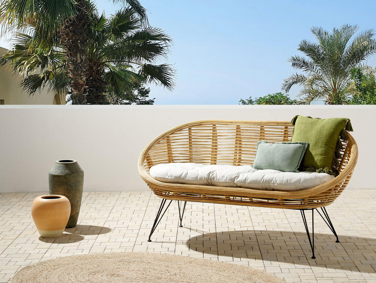 GARTENSOFA 2-Sitzer Rattan natürlich Auflage hellbeige Maratea - Beige/Schwarz, Naturmaterialien (165/87/64cm) - Beliani