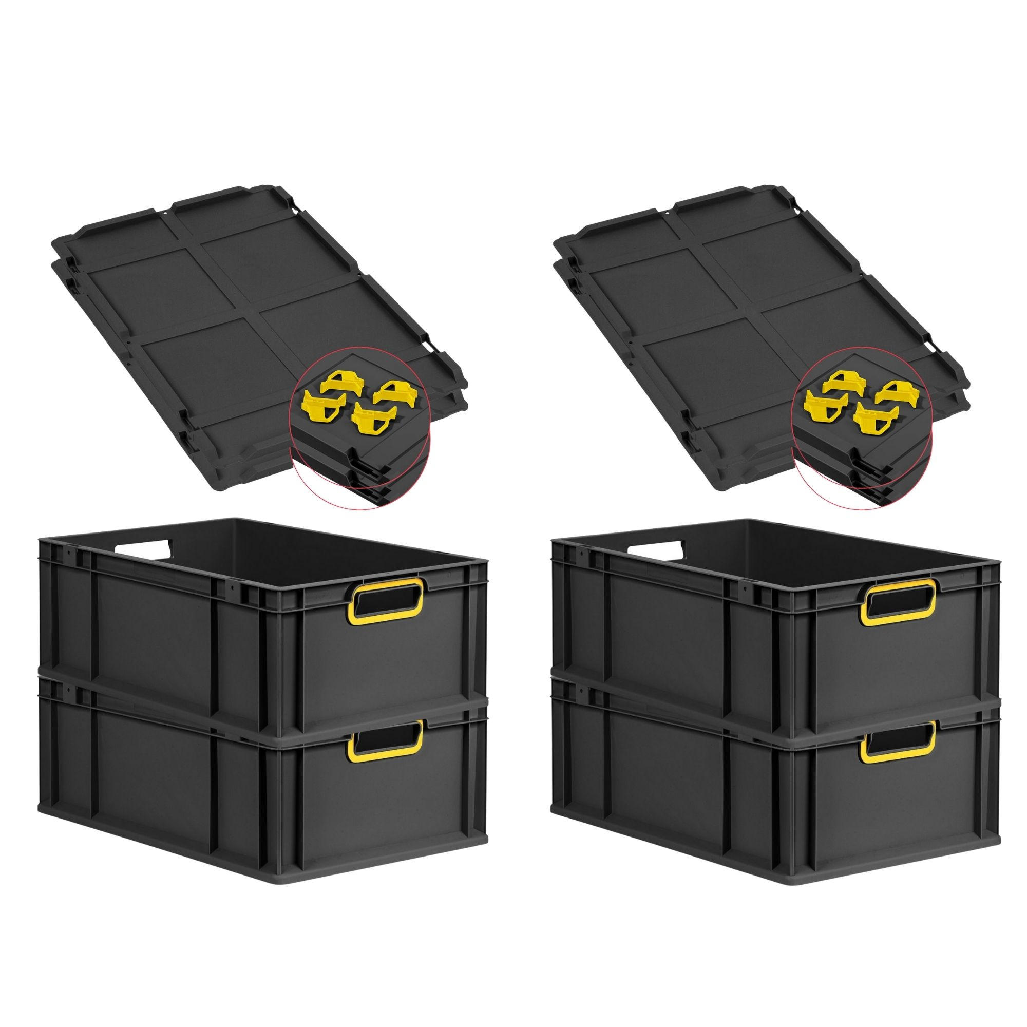 EUROBOX 4x NextGen Color mit Auflagedeckel 22x40x60 cm 44 Liter Schwarz Griffe gelb offen - Gelb/Schwarz, Kunststoff (40/22/60cm) - PROREGAL