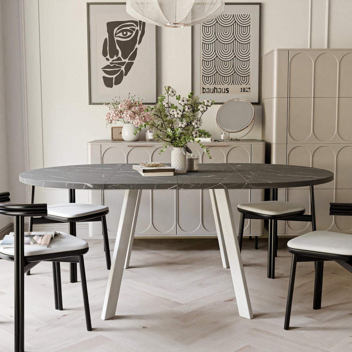 TISCH Weiße Beine, MDF Tischplatte, Grigia Pietra - Schwarz/Weiß, Holzwerkstoff (100/100/76cm) - Idohome