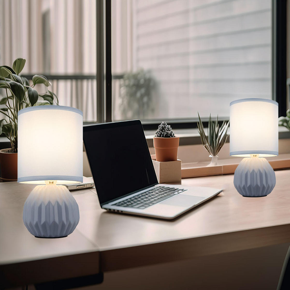 LED TISCHLEUCHTE Keramik Blau Textil 2er Set - Blau, Textil (12/12/23cm) - Globo Lighting