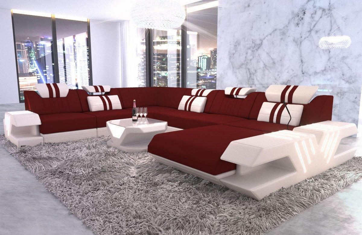 WOHNLANDSCHAFT Venedig Dunkelrot Weiß Mikrofaserstoff - Dunkelrot, Kunststoff (373/80/288cm)