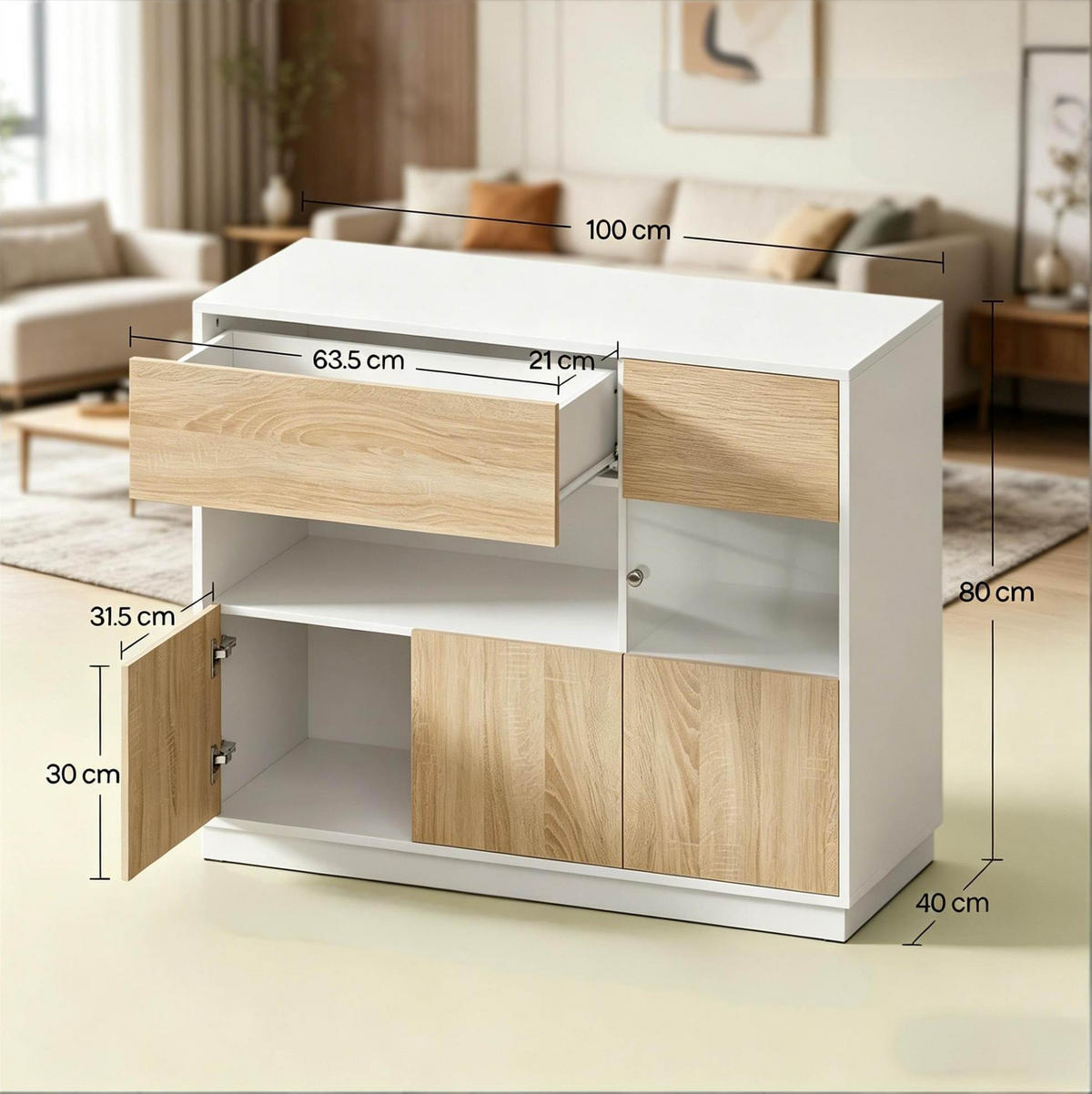 SIDEBOARD 100/40/80 cm Weiß + Eiche aus Holzwerkstoff mit offenem Fach - Weiß, Holzwerkstoff (40/80/100cm) - OKWISH