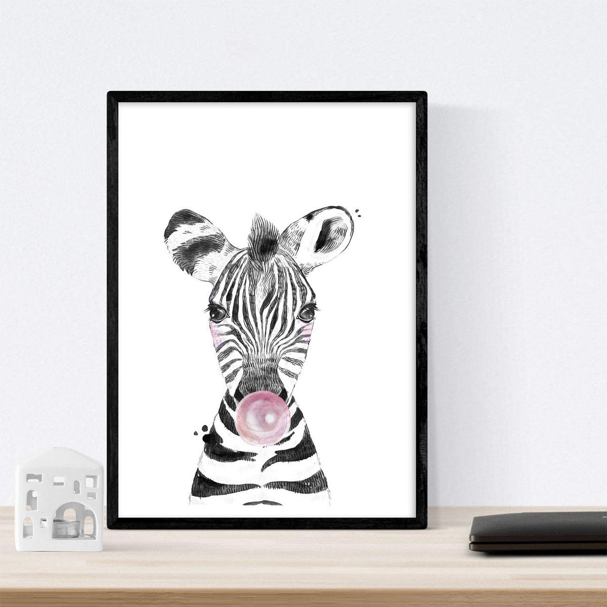 POSTER Set Mit 6 Tiere Babys Mit Kaugummi Zebra Schweinefleisch Giraffenwild Hirsch Kuhpferd A3 Schwarzer Rahmen - Schwarz, Papier (29/3cm) - Nacnic