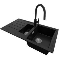 GRANITSPÜLE Kopenhagen Duo, 2-er set Schwarz 90/50 cm 1,5 Becken + Küchenarmatur 40/20 cm + Ablauf-Set ab 60er Unterschrank - Chromfarben/Schwarz, Kunststoff (90/19/50cm) - Primagran