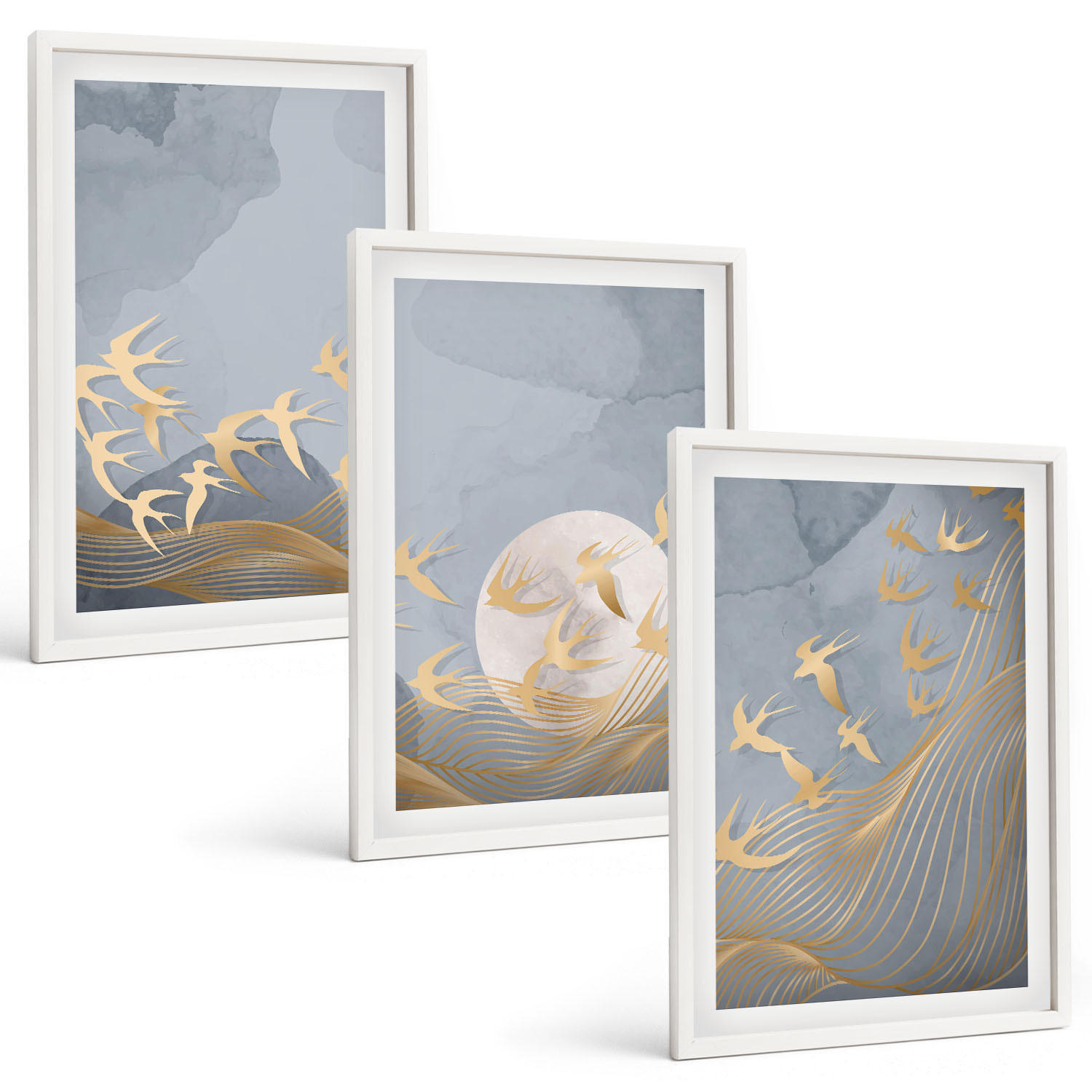 BILDER SET 3er Set - 40x60 cm Weißer Rahmen - Vögel, die am Himmel fliegen - Weiß, Kunststoff (40/60cm) - TULUP