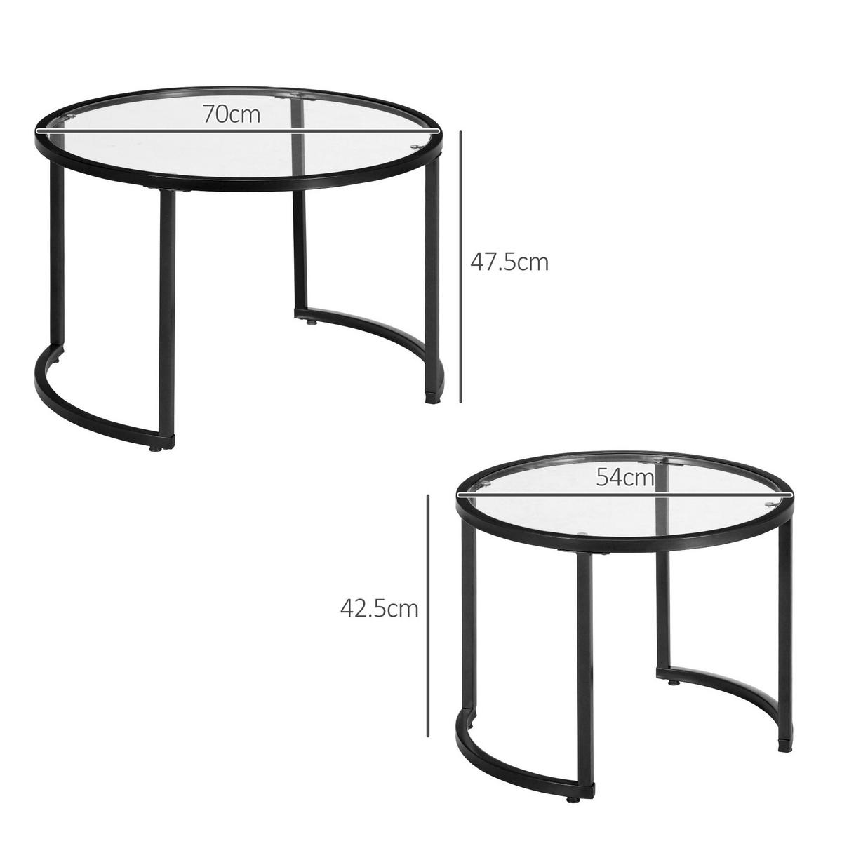 KOMPLET klubskih mizic, Ø70/54/47,5/42,5 cm, jeklo in steklo, črna - črna, kovina (70/70/47.5cm) - BEAOK
