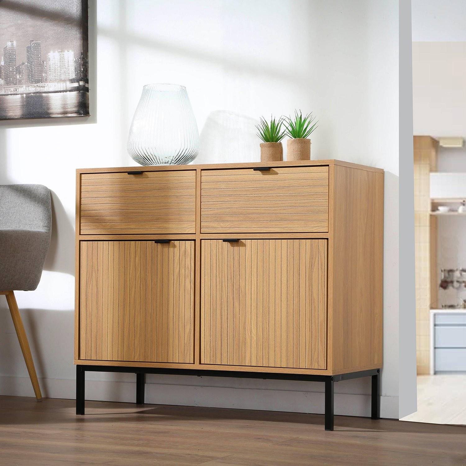 Thumbnail - Calicosy Kommode, Eiche, Holzwerkstoff, 39x79x90 cm, Wohnzimmer, Kommoden & Sideboards, Sideboards
