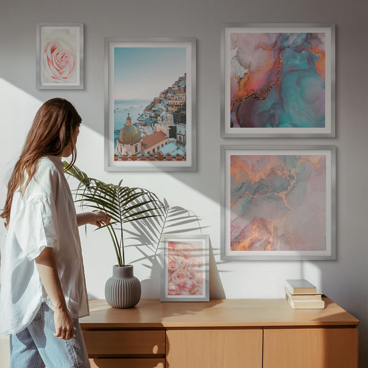 BILDER SET 5er Set - 50x50 cm & 20x30 cm & 40x60 cm Silberner Rahmen - Abstrakte Pastellmuster - Silberfarben, Kunststoff (40/60cm) - TULUP