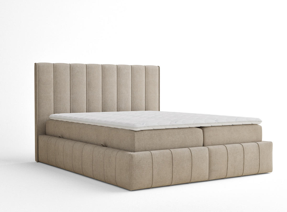 BOXBETT Moretti 140/200 cm, in Beige, Bettkasten, Matratze, Topper - Beige/Schwarz, Holz/Holzwerkstoff (140/200cm) - Maison de Reve