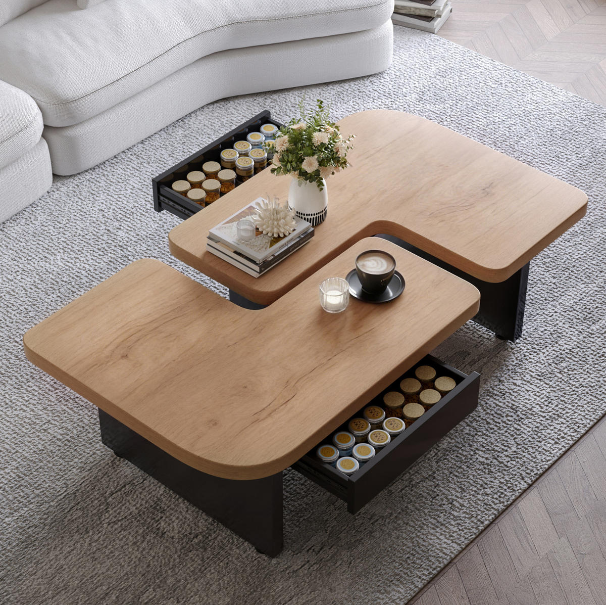 COUCHTISCH 90/60/44,5 cm mit LED-Beleuchtung, 2 Schubladen und 2-in-1-Design, Natur/Schwarz - Naturfarben, Holzwerkstoff (90/60/44.5cm) - Modfu