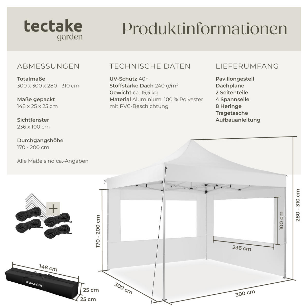 PAVILLON Olivia,inklusive Spannseilen, Heringen und Tragetasche,weiß - Weiß, Kunststoff (300/280/300cm) - tectake