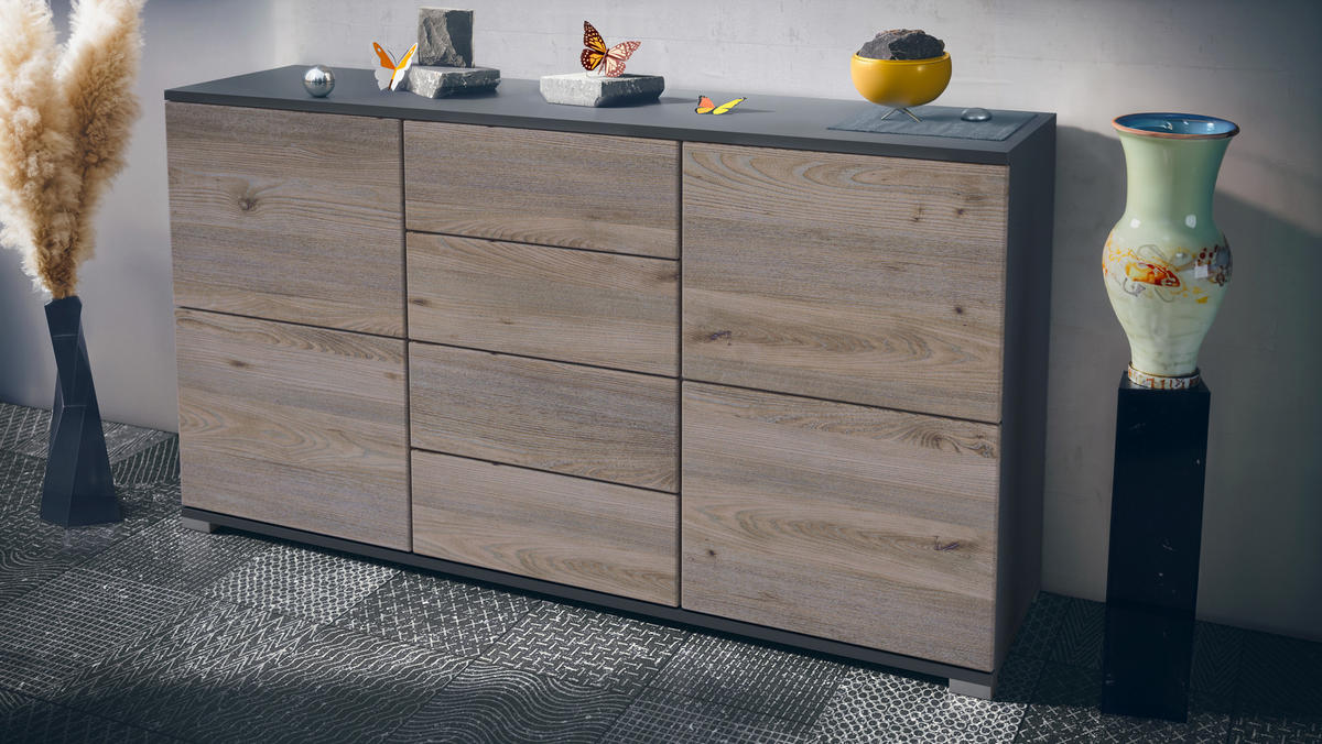 SIDEBOARD Rova Eiche Nordic - Silbereichenfarben, Holzwerkstoff (138.5/75.5/35cm) - Vladon
