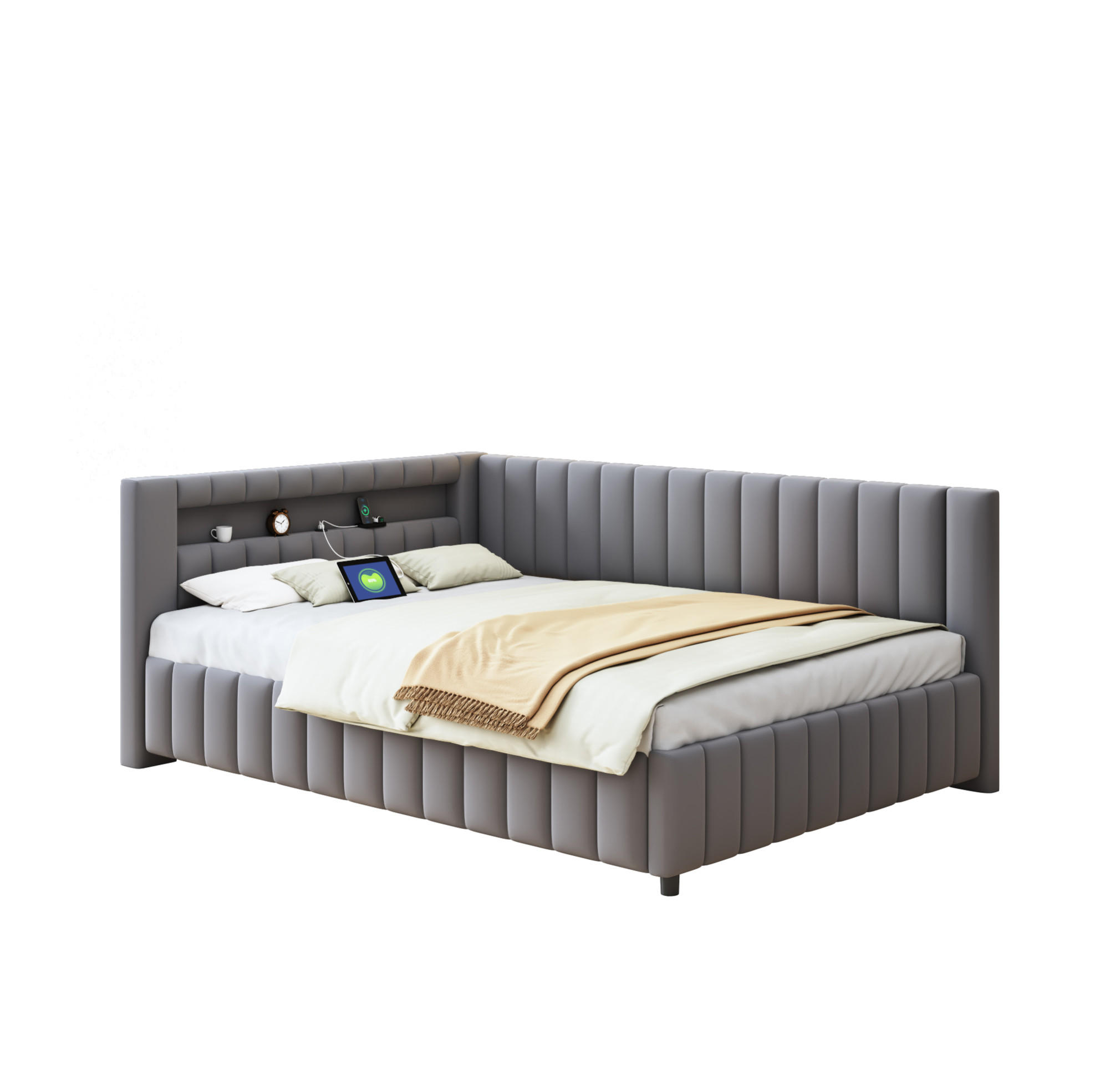 Redom ČALOUNĚNÁ postel 140/200 cm s LED osvětlením, USB portem a lamelovým rámem, Šedá