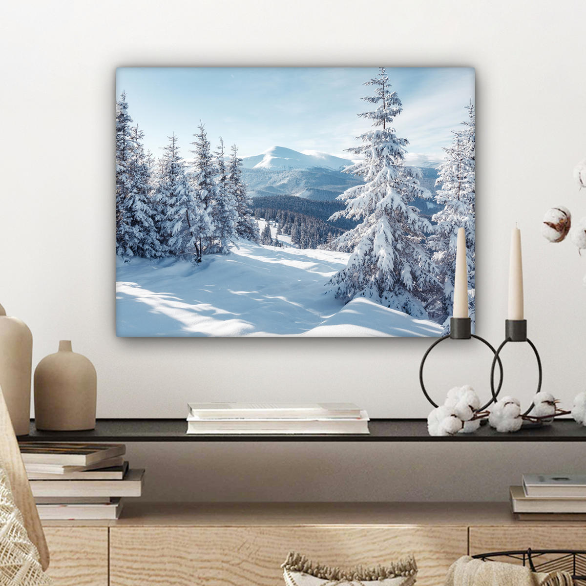 LEINWANDBILD Winterlandschaft - Natur - Berge - Bäume - Schnee Wandbild 40x30 cm - Hellblau, Textil (40/30cm) - MuchoWow