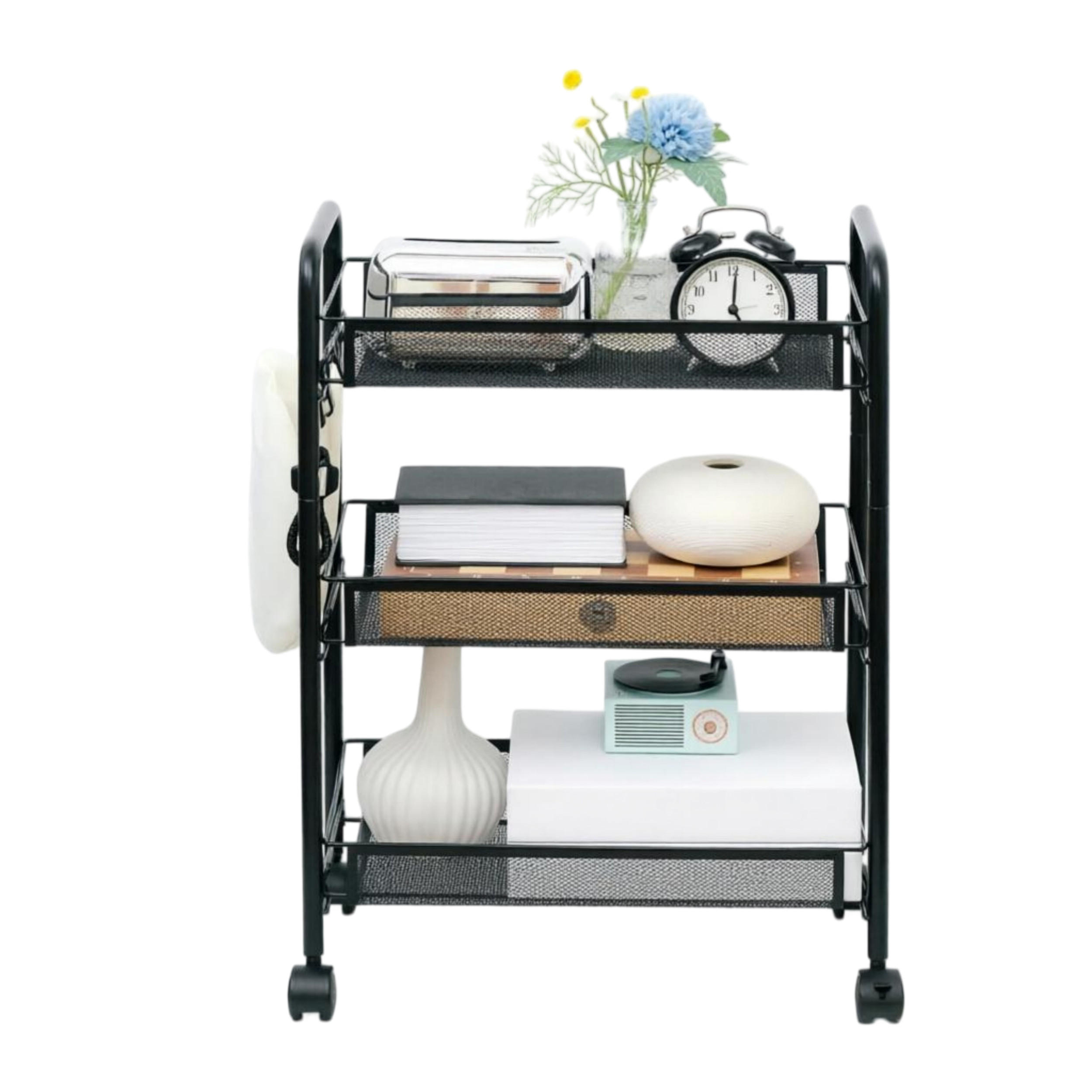 SERVIERWAGEN DE-41506 45/26,5/63 cm, 3 Etagen, Netzkörbe und Haken Schwarz - Schwarz, Metall (45/63/26.5cm) - ComfortXL