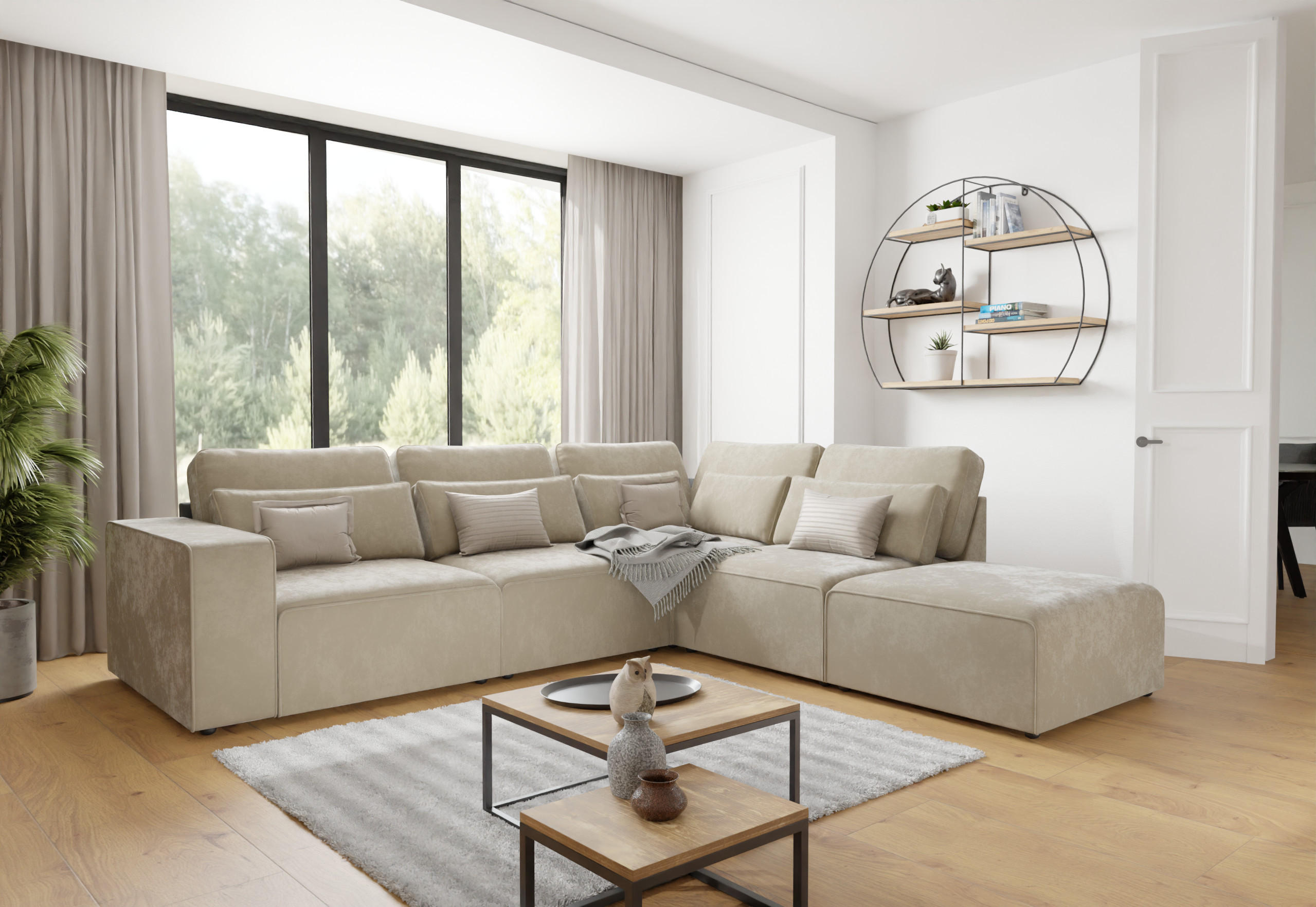 Thumbnail - S-Style Möbel Ecksofa, Beige, Textil, Echtholz,Birke, Füllung: Silikon,Silikon,Komfortschaum, L-Form, Ottomane rechts, E...