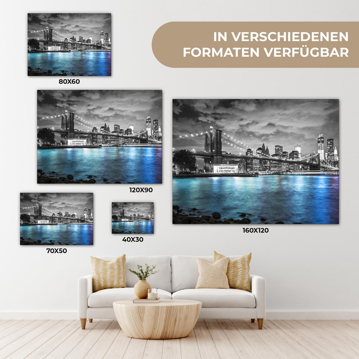 LEINWANDBILD New York - Skyline - Stadt - Blau Wandbilder 80x60 cm - Blaugrau, Textil (80/60cm) - MuchoWow