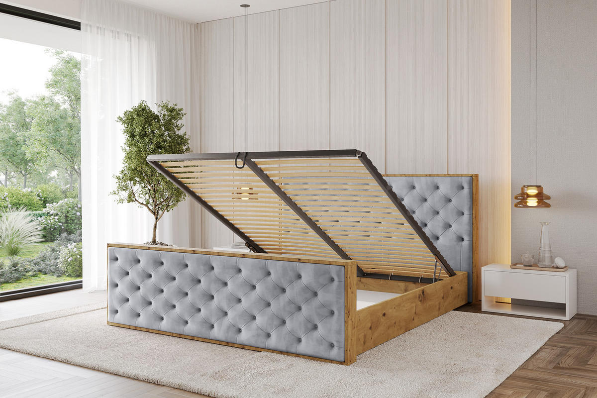 POLSTERBETT mit Bettkasten, Fußteil und Lattenrost, Boxbett ohne Matratze - ENZO3-Z 180x200 Hellgrau - Hellgrau, Holzwerkstoff/Textil (180/200cm) - ALTDECOR
