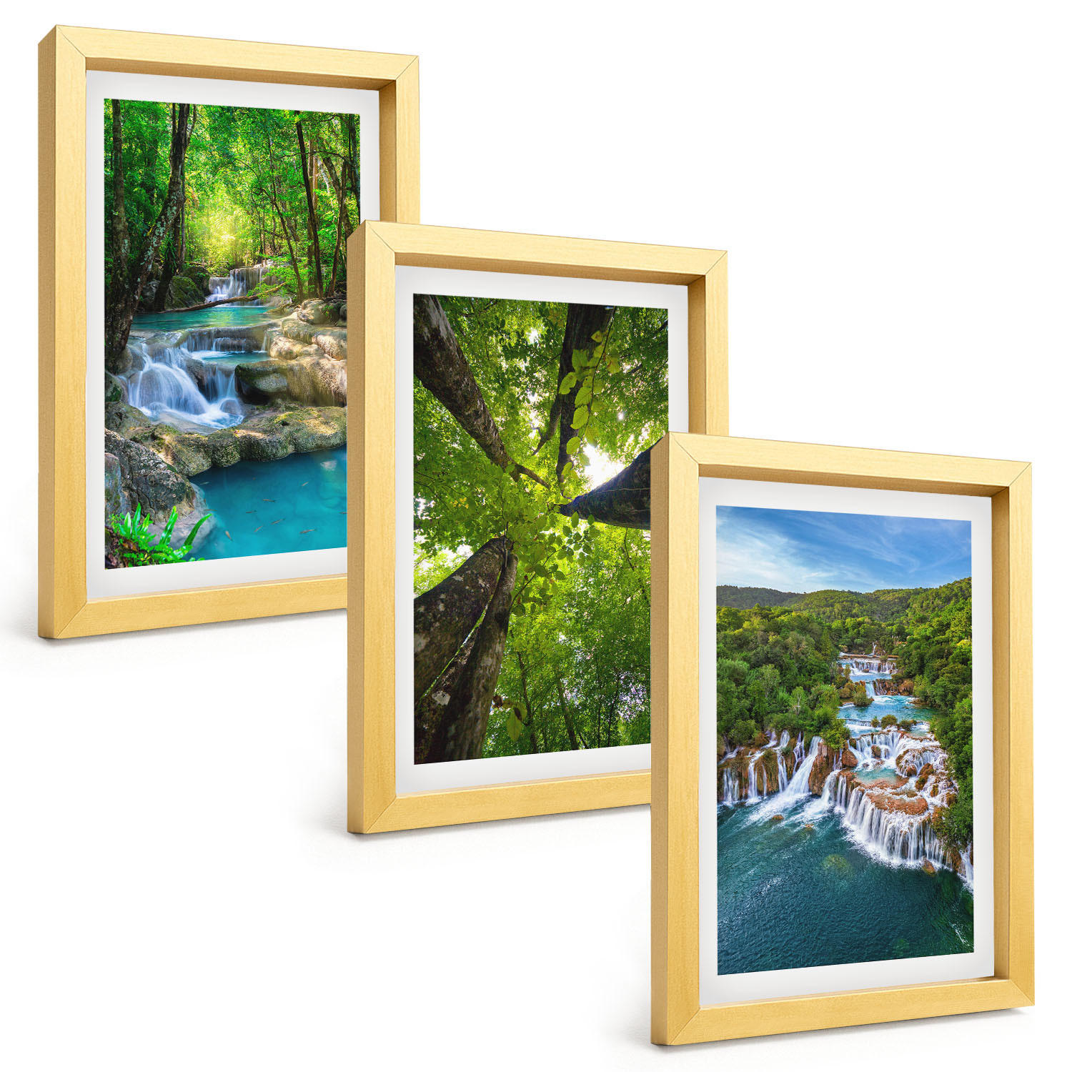 BILDER SET 3er Set - 20x30 cm Goldrahmen - Wasserfälle grüner Wald Wasser - Goldfarben, Kunststoff (20/30cm) - TULUP
