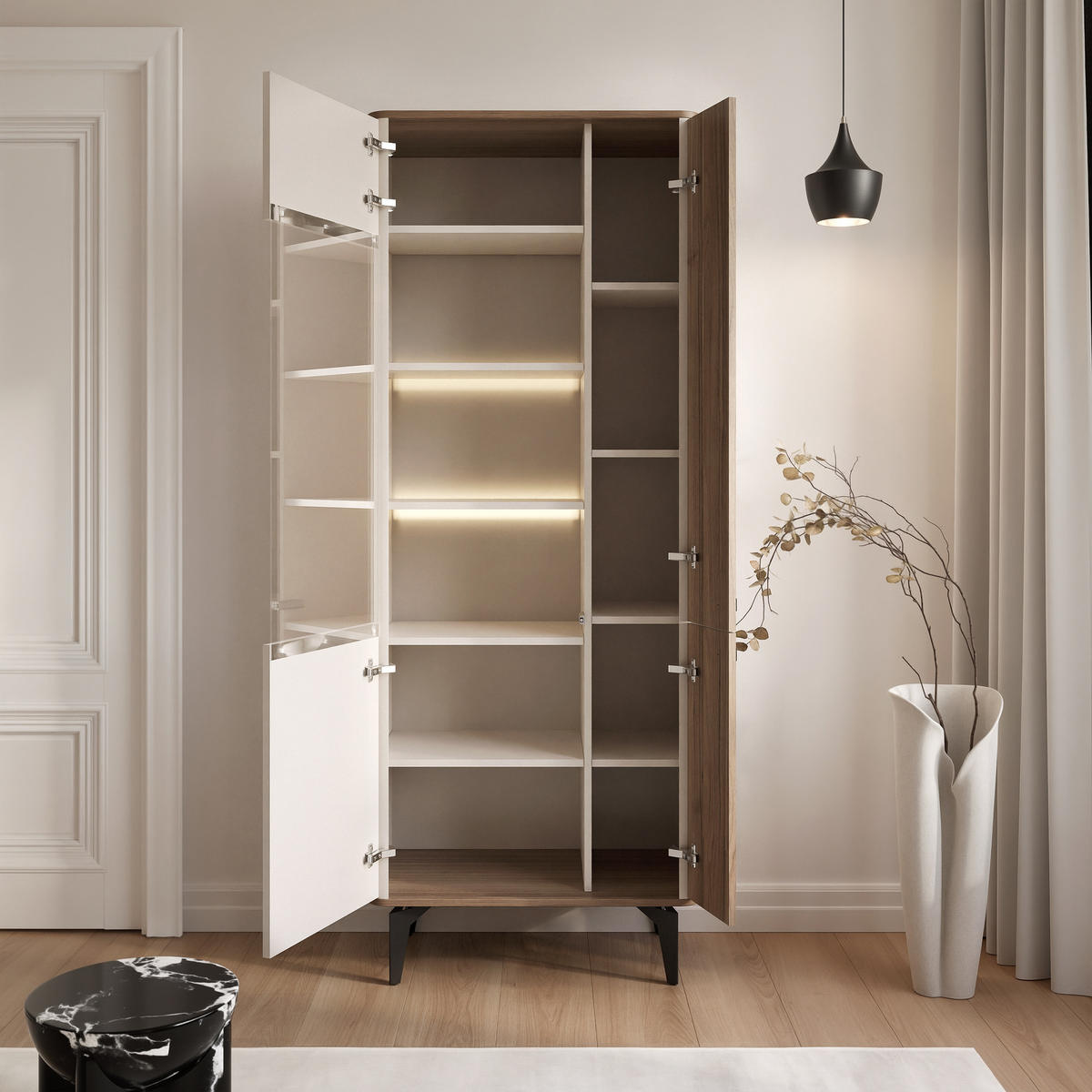 VITRINE BELLAGIO 190 cm Kaschmir / Nussbaum - Kaschmir/Schwarz, Holzwerkstoff (73/190/40cm) - Idohome