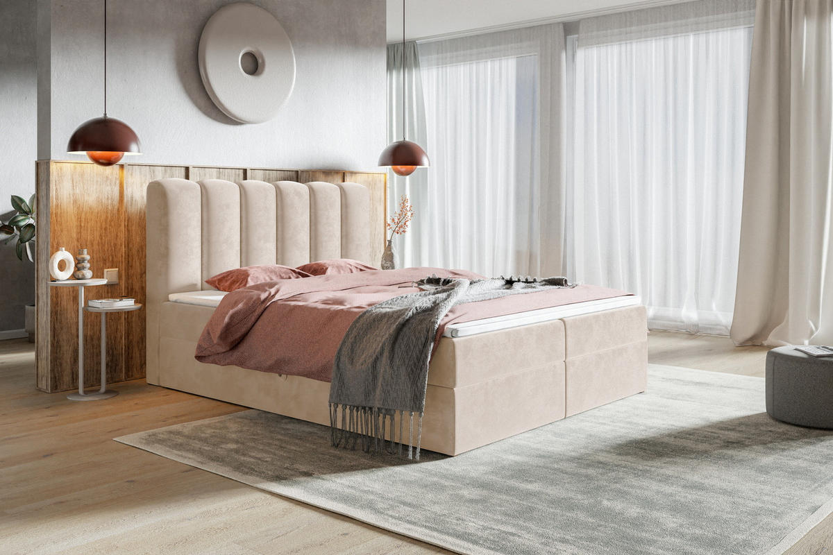 BOXSPRINGBETT 140x200 Rimini mit Matratze und Bettkasten, Beige - Beige, Holz/Textil (140/200cm) - Emporius