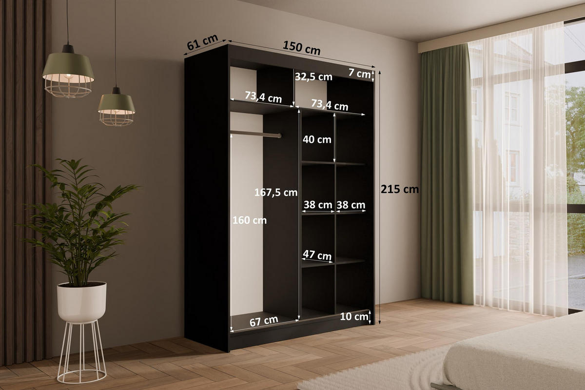 KLEIDERSCHRANK AMOHA - 150 cm - Schwarz - Schwarz, Holzwerkstoff (150/215/61cm) - ALTDECOR