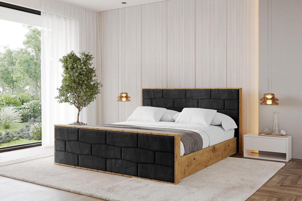 POLSTERBETT mit Bettkasten, Fußteil und Lattenrost, Boxbett mit Matratze H3/H4 - ENZO8-Z 140x200 Schwarz - Schwarz, Holzwerkstoff/Textil (140/200cm) - ALTDECOR